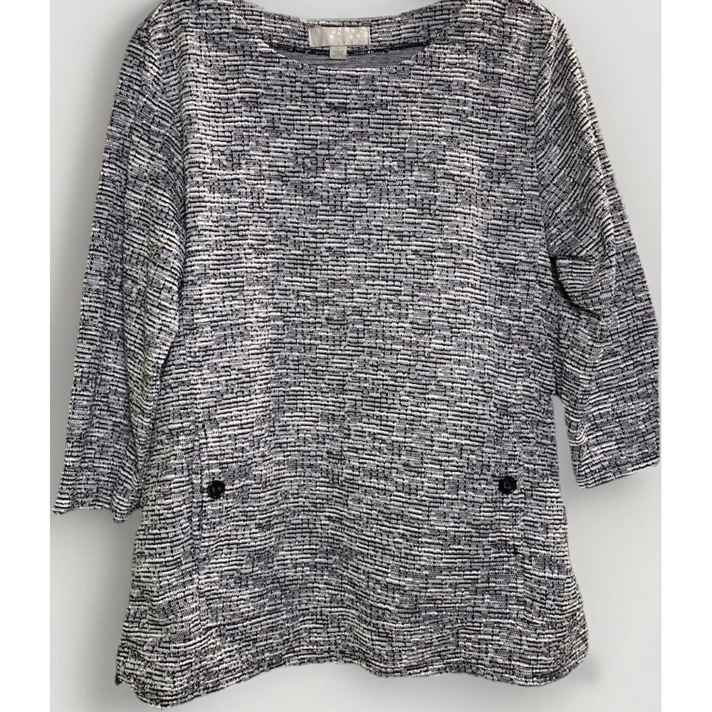 Carolyn Taylor Womens Large Black White Textured Knit 3/4 Sleeve Boat Neck Top
